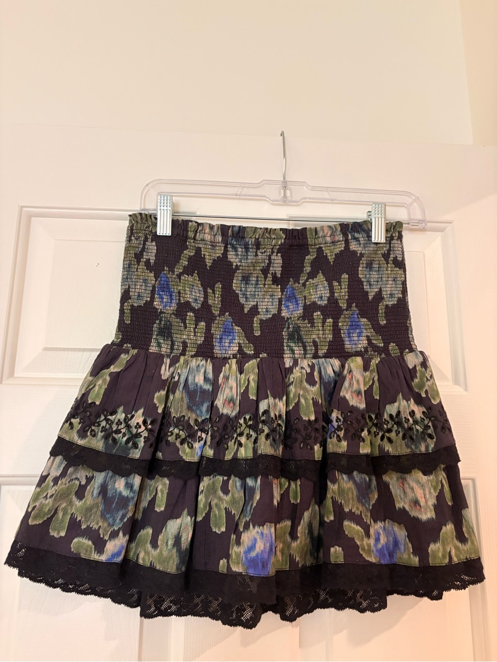 LoveShackFancy Black Floral Painterly Tiered Mini Skirt